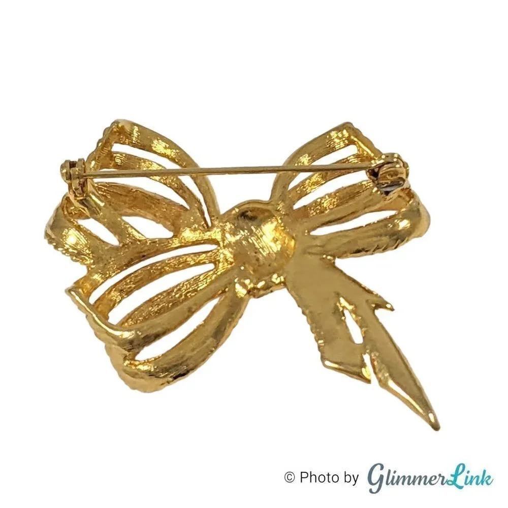 Vintage Gold Tone Triple Loop Bow Ribbon Rhinestones Brooch
